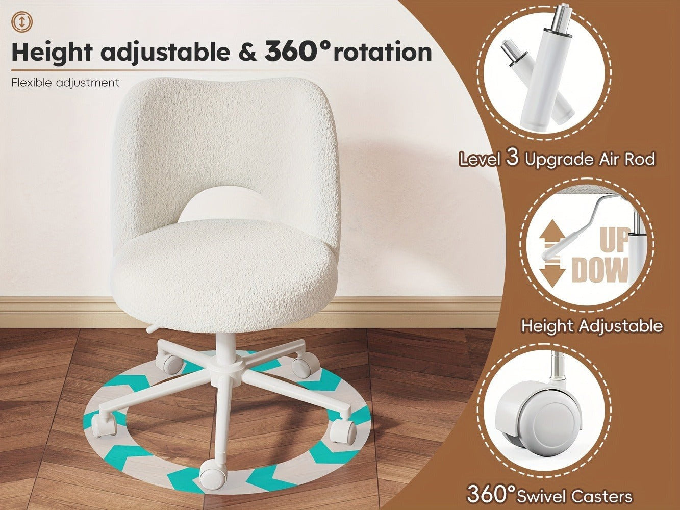 Klyvvo Silla de Escritorio con Ruedas, Silla de Maquillaje con Tejido Teddy Transpirable, Altura Ajustable, Ideal para Oficina, Hogar, Regalo Familiar, Soporta Hasta 150 Kg, Disponible en Rosa, Blanco y Gris