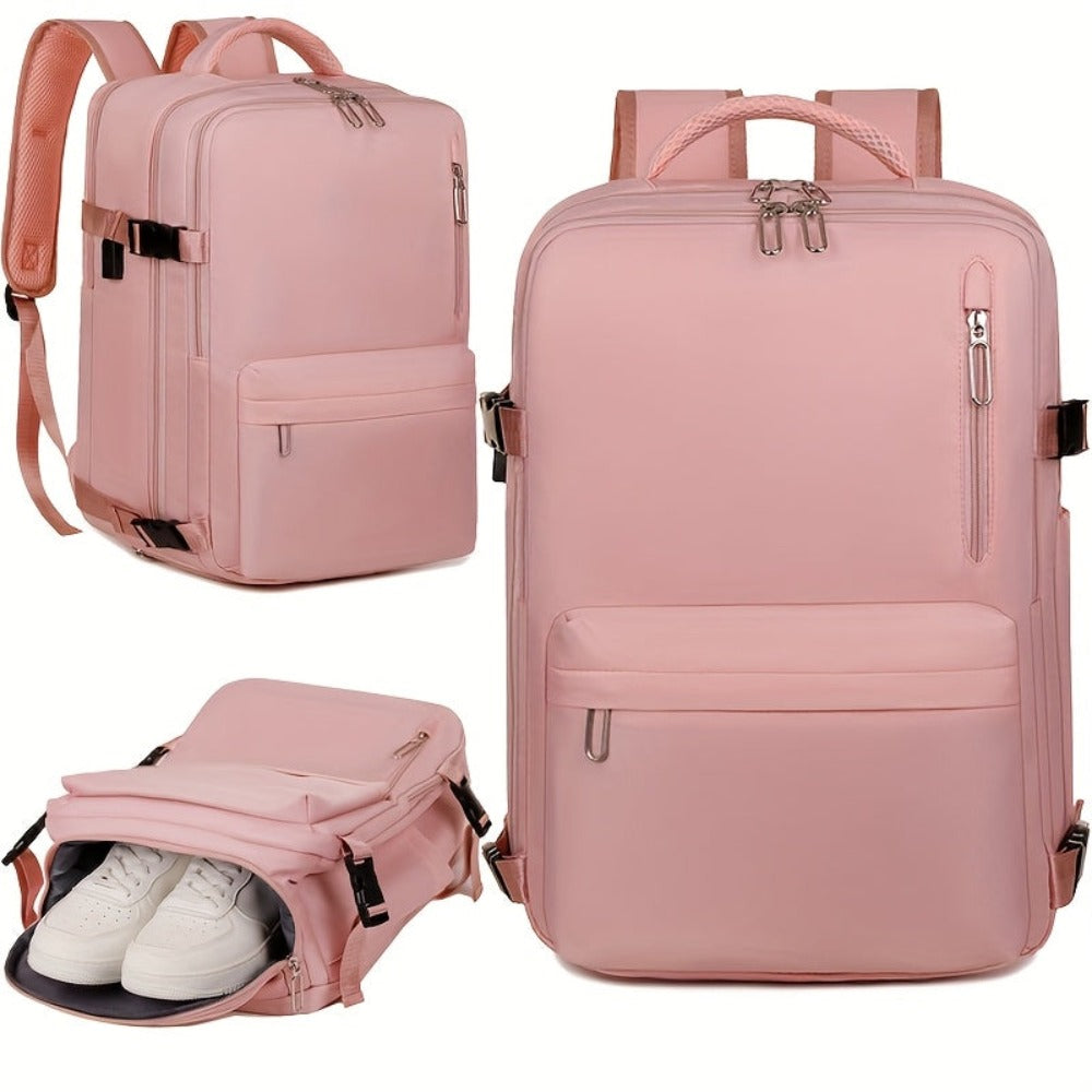 La mochila está hecha de tela Oxford de alta calidad, con un compartimento de viaje de separación seca y húmeda, color sólido, mochila simple y de gran capacidad con compartimento independiente para zapatos, ideal para viajes, desplazamientos y escuela
