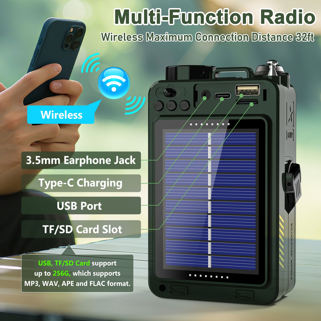 Radio solar de emergencia con manivela portátil inalámbrico | Camping, cortes de luz y emergencias