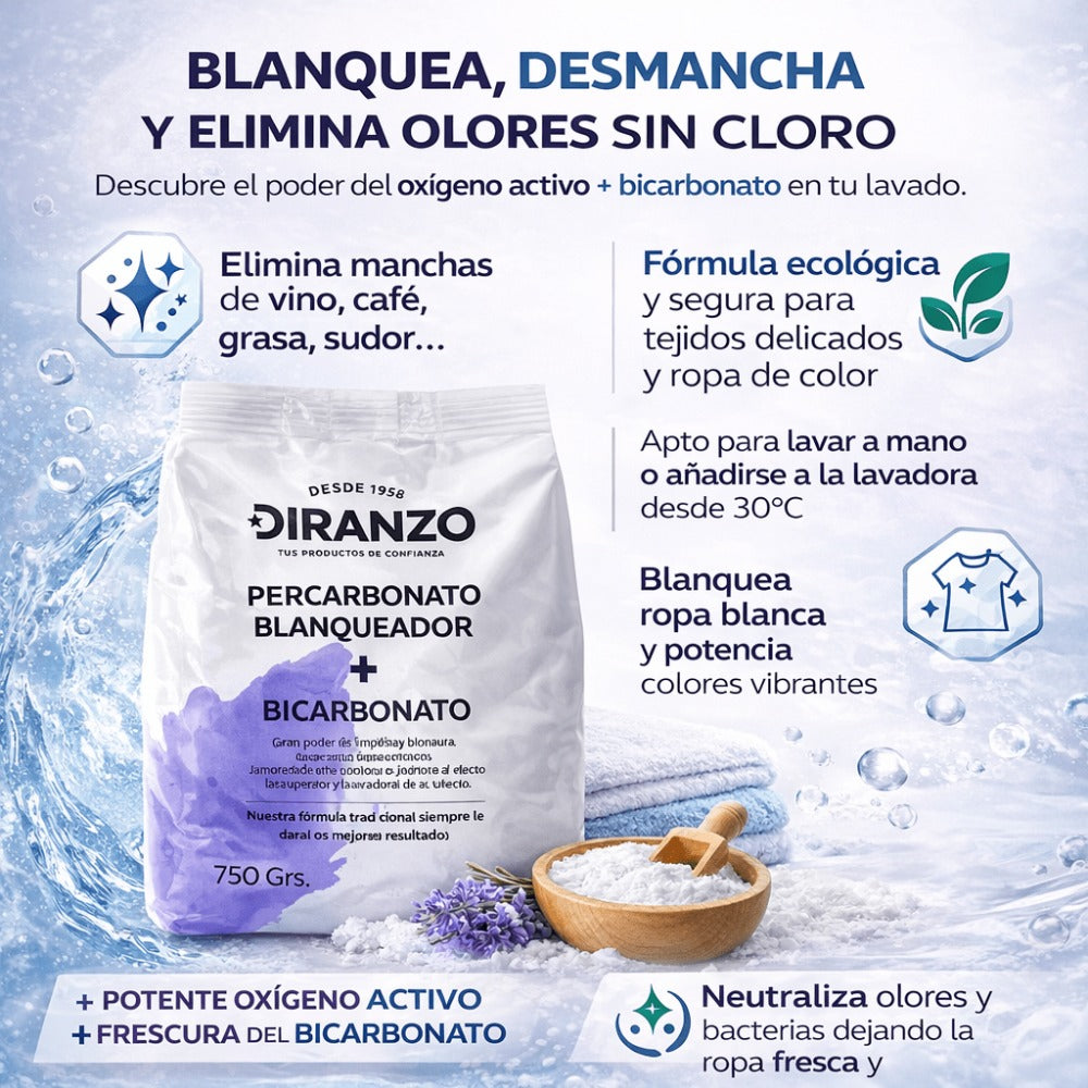 Percarbonato Blanqueador Diranzo, Percarbonato Sódico 750g, 100% Puro, Quitamanchas, Higienizante, Apto Ropa blanca y Color, Elimina manchas difíciles y olores, Alarga la vida de la Lavadora
