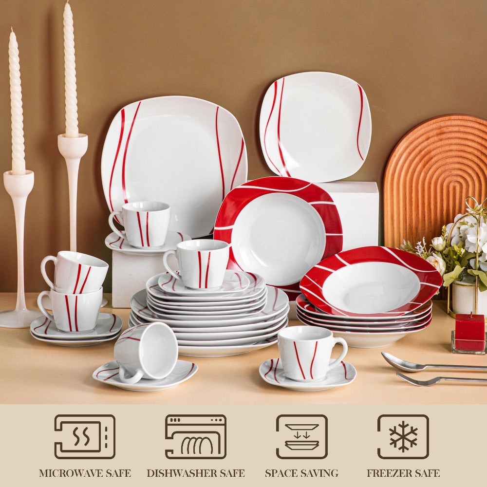 Juego de vajilla de porcelana de 18/30 piezas, servicio combinado, tazas, platillos, platos de postre, platos planos para sopa y platos llanos, servicio de café