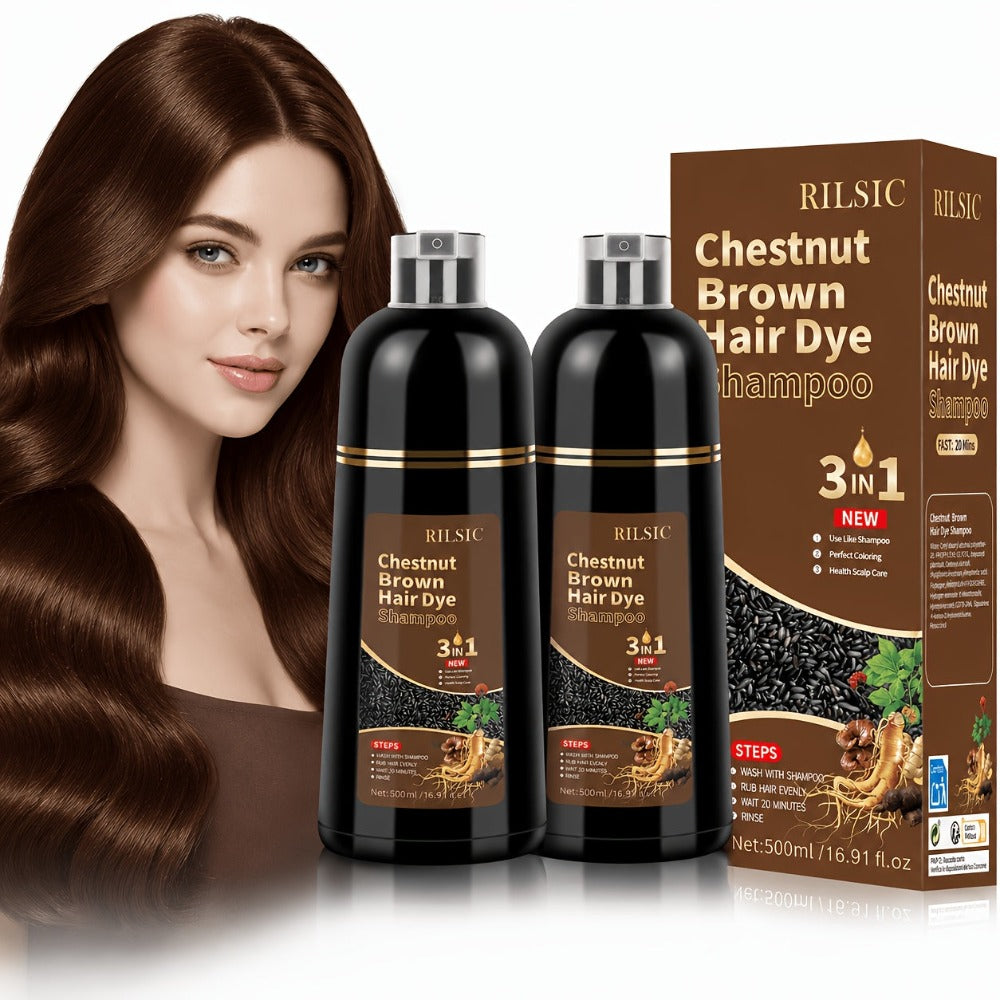 Champú tinte para el cabello 3 en 1 color castaño oscuro, 2 piezas, fórmula herbal natural que cubre el 100 % de las canas para mujeres y hombres, champú de color castaño oscuro de larga duración para teñir en minutos, champú instantáneo para canas de 16.