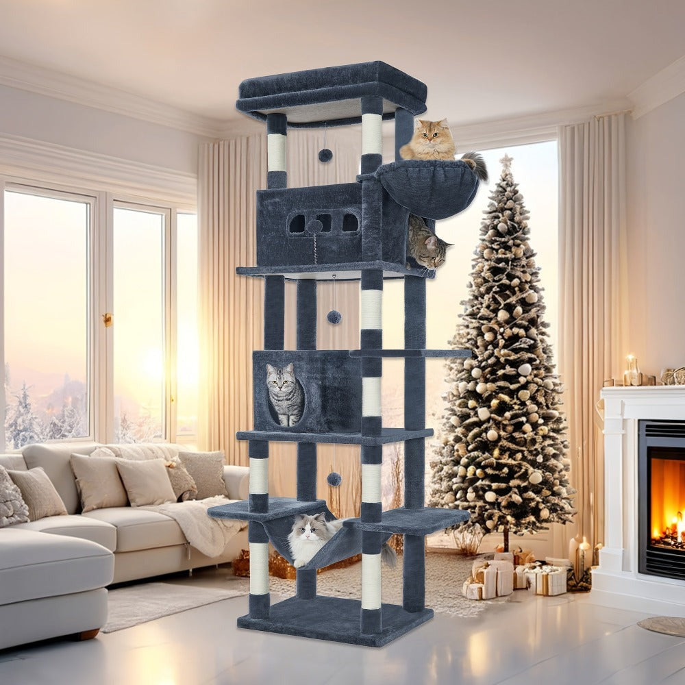 Árbol para gatos extra alto de 210 cm con 8 postes rascadores y 2 cuevas - Muebles para gatos de múltiples niveles de alta resistencia, tapete lavable, hamaca y pelotas de felpa - Torre para gatos grande con base resistente