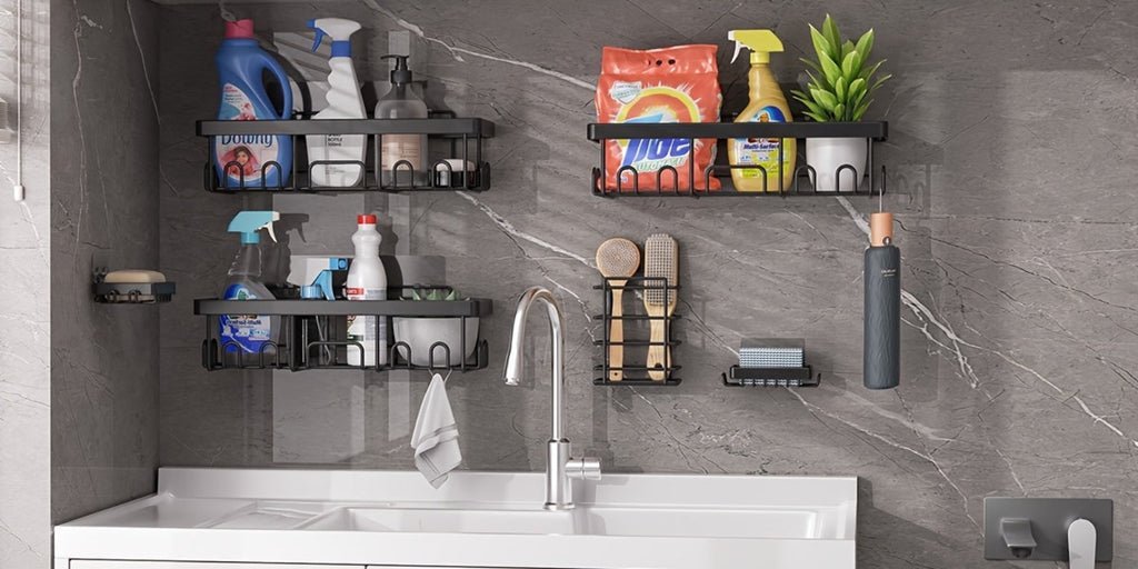 Juego de 6 estantes de ducha de acero inoxidable a prueba de óxido, organizador de baño adhesivo sin taladro, estantes de ducha que ahorran espacio para elementos esenciales de apartamento, baño, almacenamiento de cocina, decoración del hogar rentable, es