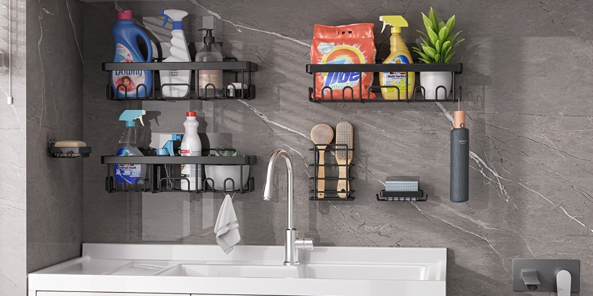 Juego de 6 estantes de ducha de acero inoxidable a prueba de óxido, organizador de baño adhesivo sin taladro, estantes de ducha que ahorran espacio para elementos esenciales de apartamento, baño, almacenamiento de cocina, decoración del hogar rentable, es