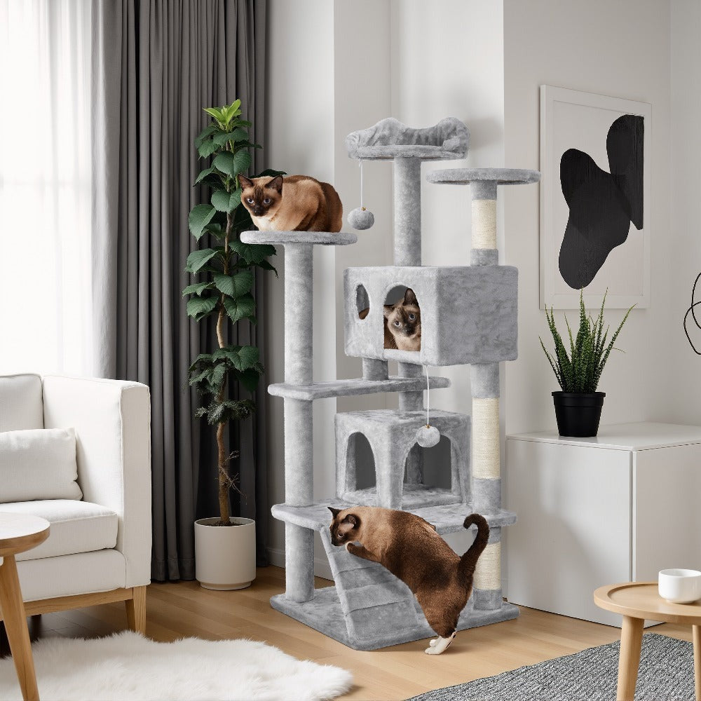 Costoffs Poste para Rascar de Gatos de 138 cm, Árbol Resistente con Pelota de Juego y Cueva para Gatos, Torre de Rascado y Escalada para Gatos, Casa para Gatos