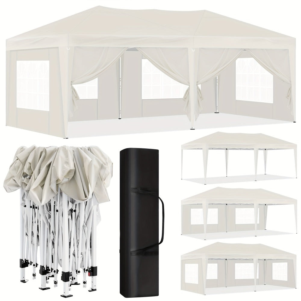 Toldo plegable de exterior de 1 pieza de 3 x 6 metros, toldo para exteriores, carpa de recepción portátil, cenador de metal, refugio, equipado con 6 paredes laterales y 4 ventanas, resistente al viento, protección UV, fácil de instalar, resistente y durad