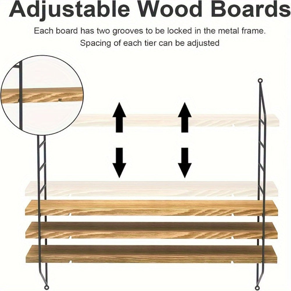 Estante Flotante de Pared, Unidad de 3 Niveles, Estantes Flotantes Rústicos para Cocina, Almacenamiento de Pared Ajustable, Estanterías Montadas en Pared para Libros, Plantas, Madera y Metal, Estantes de Exhibición para Sala, Dormitorio, Cocina, Estantes
