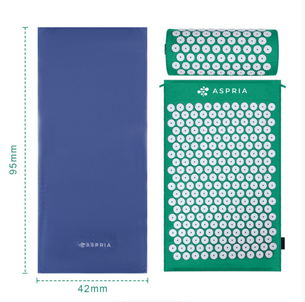 Aspria Set de Acupresión Verde 3/4 Piezas, Colchoneta de Acupresión y Almohada de Acupresión, para que te Relajes Cuerpo y Mente. Colchoneta de Acupresión Verde + Toalla Gruesa + Bolsa de Almacenamiento. MGY-S3-004