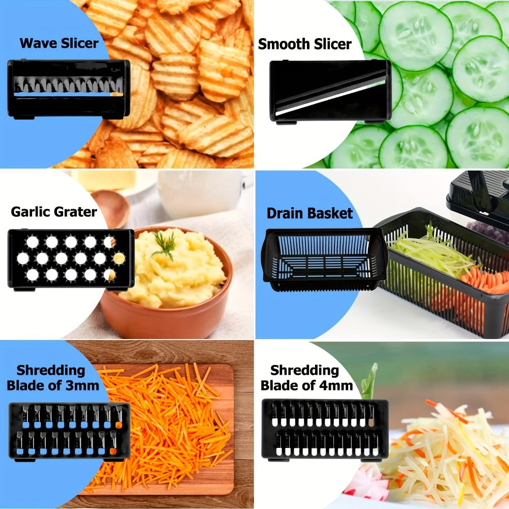 Cortador de verduras, picador de cebolla profesional, picador de alimentos multifuncional, rebanadora y cortadora de verduras de cocina, cortador de verduras con múltiples cuchillas, picador de zanahorias con recipiente y separador, almacén local, regalo