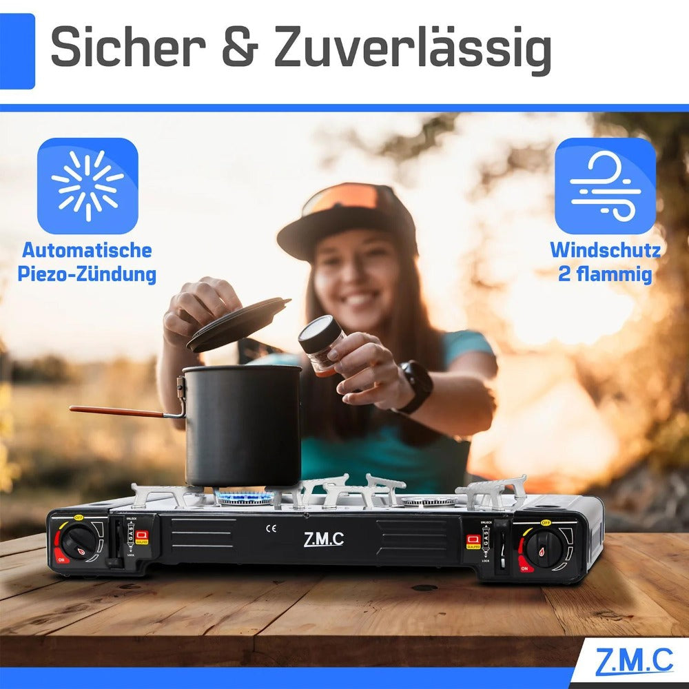 Estufa de Gas para Camping ZMC de 2 Quemadores con Adaptador LPG y Estuche de Almacenamiento – Estufa de Gas Doble con Potencia de 2.5 kW, Encendido Piezoeléctrico, Compatible con Cilindros de Gas Butano de 227g y Botellas de Gas LPG – Estufa de Gas Portá