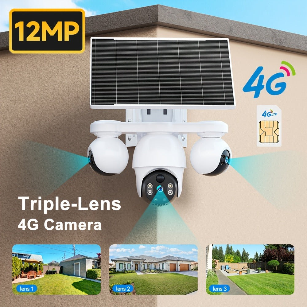 Cámara de seguridad solar para exteriores de tres lentes con rotación panorámica/inclinable PTZ 360°, seguimiento de movimiento humano PIR, visión nocturna a todo color, comunicación bidireccional, notificaciones push de alarma, tarjeta SIM incorporada y