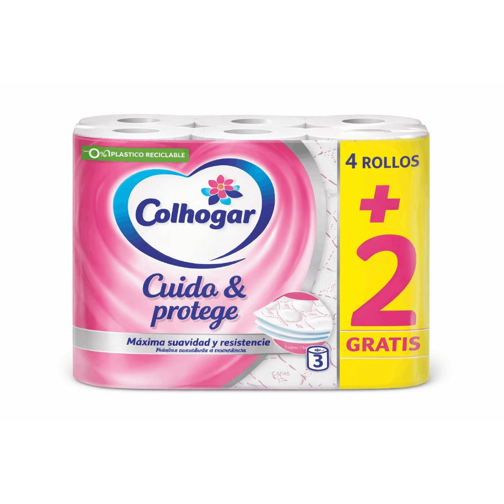 Papel Higiénico Colhogar Cuida & Protege – 3 Capas, Pack 4+2 Rollos (6 Rollos)