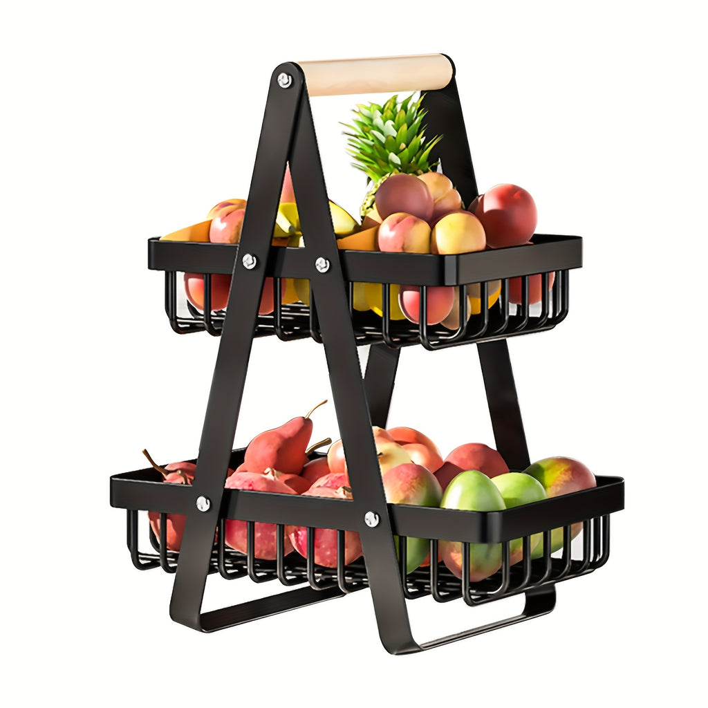 1 Cesta de Almacenamiento de Frutas de Metal de Múltiples Niveles con Asas de Madera - 2 Niveles para Frutas, Verduras y Especias - Soluciones Modernas de Almacenamiento para Cocina, Baño y Hogar, Cesta de Frutas