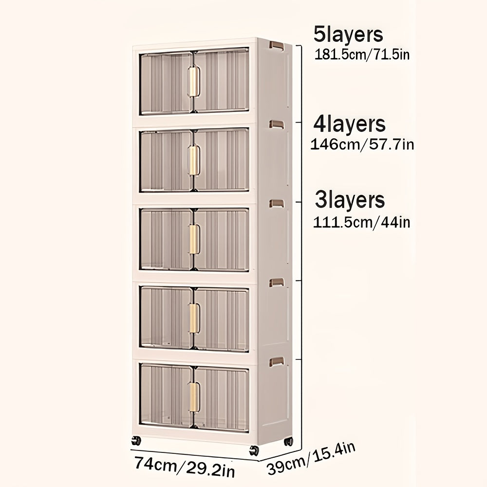 Armario de almacenamiento plegable extragrande de 74 cm, organizador apilable de 3/4/5 niveles con ruedas, puertas transparentes, manijas en tono dorado y cierre magnético para el hogar, oficina, cocina, baño y despensa