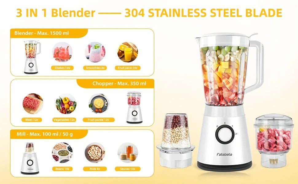 Batidora de Gran Capacidad de 1500ML, Procesador de Alimentos 3 en 1, Picadora de Carne, Licuadora para Cocina Casera y Verduras, Jugos Saludables para el Hogar, Smoothie, Sorbete, Batido, Ice Slushie
