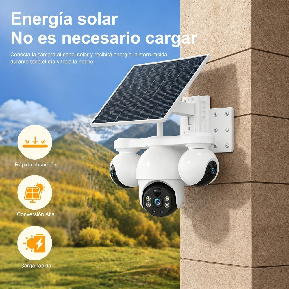 Cámara de seguridad solar solar exterior de 8MP con triple lente y triple vista 4G, videovigilancia, rotación panorámica-inclinable PTZ 360°, seguimiento de movimiento, detección humana PIR, audio bidireccional, visión nocturna a todo color, notificacione