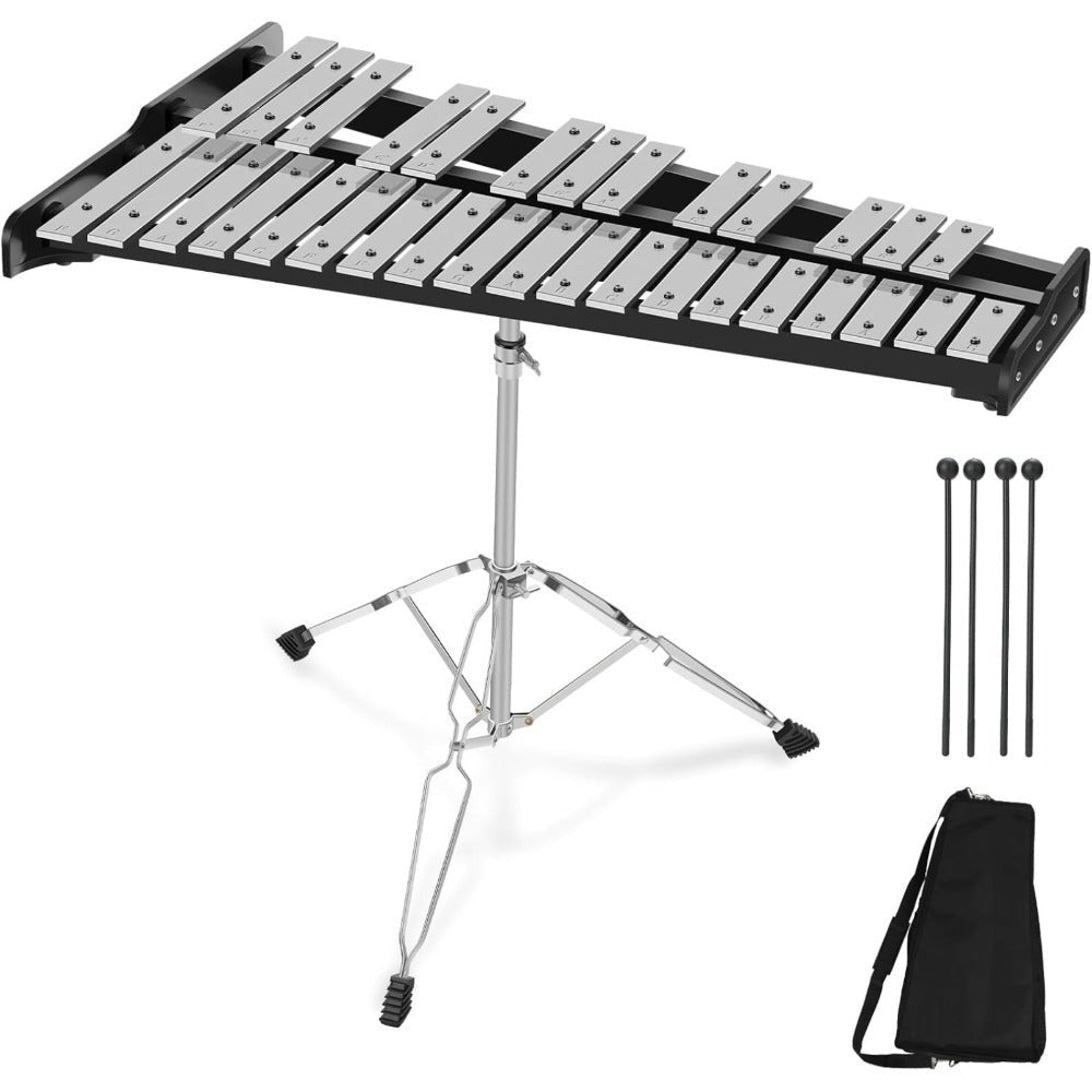 Xilófono de Glockenspiel de 32 notas con soporte ajustable, kit de instrumento de percusión profesional de aluminio con baquetas y estuche de transporte, ideal para principiantes, presentaciones de bandas