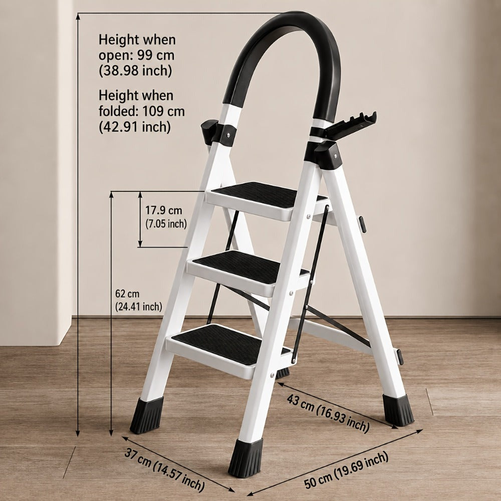 Escalera plegable de acero inoxidable, escalera portátil multifuncional, equipada con pedales anchos antideslizantes, ligera, duradera y compacta, fácil de transportar. Adecuada para el hogar, la oficina, el dormitorio, la cocina y el jardín, etc. Escenar