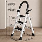 Escalera plegable de acero inoxidable, escalera portátil multifuncional, equipada con pedales anchos antideslizantes, ligera, duradera y compacta, fácil de transportar. Adecuada para el hogar, la oficina, el dormitorio, la cocina y el jardín, etc. Escenar
