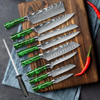 Juego de 8 cuchillos, perfecto para uso en la cocina, con hojas de acero inoxidable ultra afiladas para un rendimiento duradero. Disponible en azul, verde, negro y morado, viene con una funda de nailon para un almacenamiento y transporte convenientes