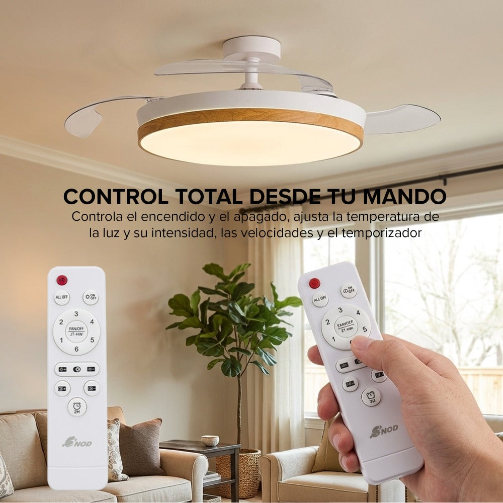 Ventilador de Techo con Luz LED Aspas Retráctiles, SPTO-2, 3 Tonalidades, Control Remoto, 6 Velocidades, Motor DC Silencioso, Temporizador, Sin WiFi