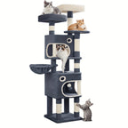 Árbol para gatos de 159 cm con 8 rascadores, 3 plataformas, 2 cuevas, cesta, pelotas de felpa, cuerda de sisal, adecuado para gatos de varios tamaños, gris claro/gris oscuro
