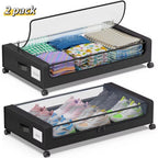 Paquete de 2 cajas de almacenamiento para debajo de la cama con ruedas, organizadores de fábrica Oxford para ropa, cajones de metal con tapa transparente, zapatos, caja de almacenamiento rodante multiusos con ventana transparente