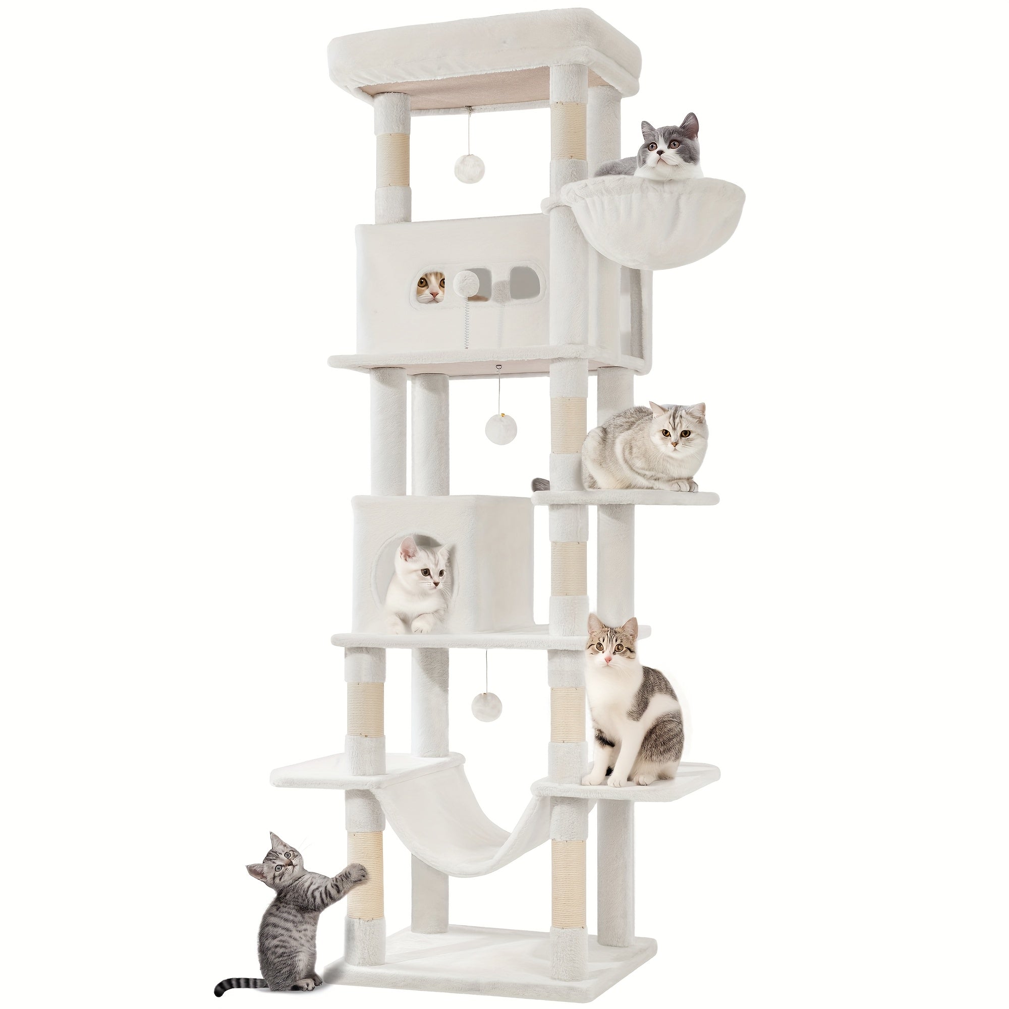 Rascador grande, árbol para gatos de 210 cm, con 8 postes rascadores, posadero, 2 cuevas, tapete lavable, hamaca, pelotas de felpa, rascador de varios pisos para gatos grandes, gris claro, gris oscuro