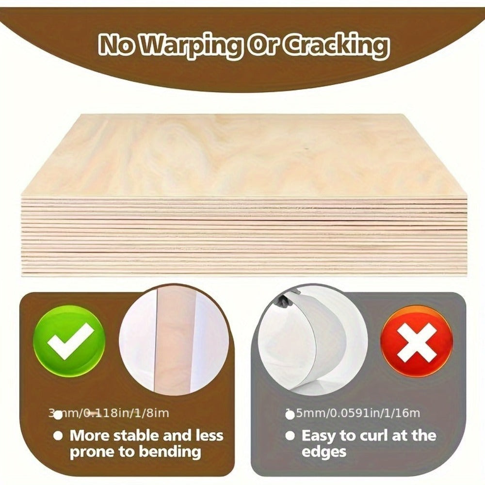 Dofiki ofrece un juego de 24 piezas de madera contrachapada de tilo de 3 mm, cada una con medidas de 29.97 X 29.97 cm, ideal para proyectos de corte láser, grabado y pirograbado. Este paquete incluye hojas de alta calidad, cortadas con precisión y con una
