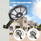Juego de 2 farolas solares con sensor de movimiento y control remoto, luces solares de jardín de 168 LED con 3 modos de iluminación, reflector de iluminación de ángulo amplio de 360°, para calles comerciales, garajes, patios, terrazas de jardín y emergenc