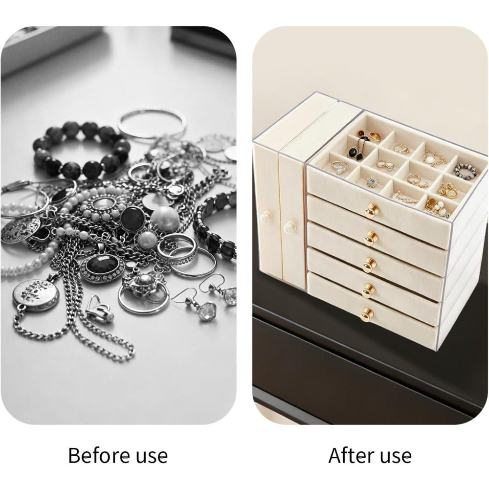 Caja de almacenamiento de joyas de gran capacidad con cajones y puerta lateral transparente, organizador multicapa para aretes, collares, anillos y pulseras, elegante solución de almacenamiento para tocador, joyeros