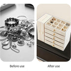 Caja de almacenamiento de joyas de gran capacidad con cajones y puerta lateral transparente, organizador multicapa para aretes, collares, anillos y pulseras, elegante solución de almacenamiento para tocador, joyeros