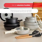 Bergner Click&Cook Batería de cocina 10 Pzs Mango extraíble, 3 Sartenes, 2 Cazos, Tapas y Utensilios Aluminio revestimiento antiadherente