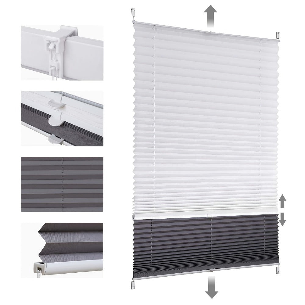 Persianas Plisadas Sekey, Doblemente Plisadas, Luz y Oscuridad, Blackout, Sin Necesidad de Perforación, Tensadas, Protección Solar, Fijación con Clip, Blanco y Gris, Estampado y Gris, Beige