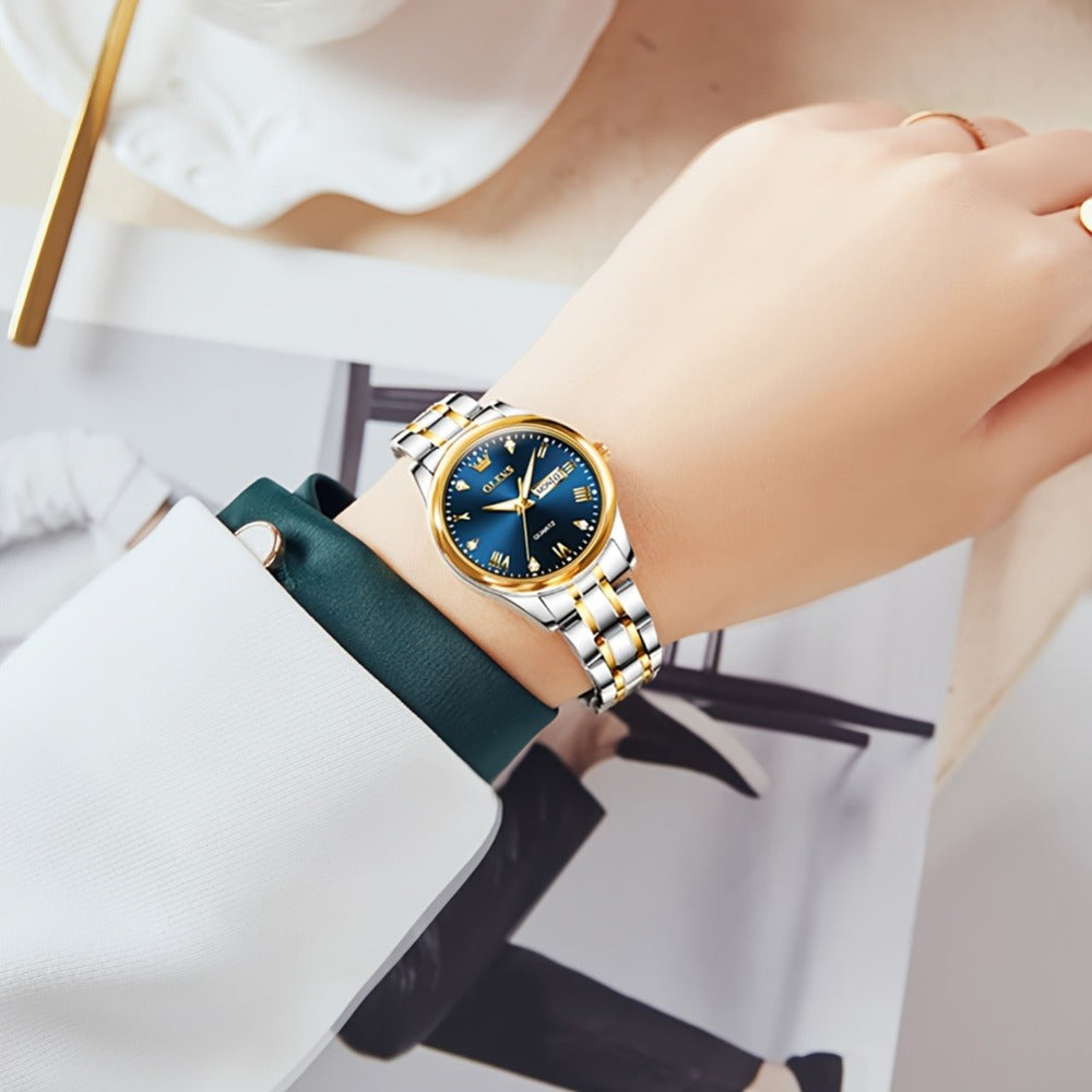 Relojes de Mujer OLEVS: Elegantes y de Moda para Negocios, Diseño Femenino para Muñecas Pequeñas, Cara Pequeña, Tono Dorado y Plateado, Correa de Acero Inoxidable, Cuarzo Analógico, Fecha y Día, Luminiscente, Esferas en /Blanco/Dorado/Azul
