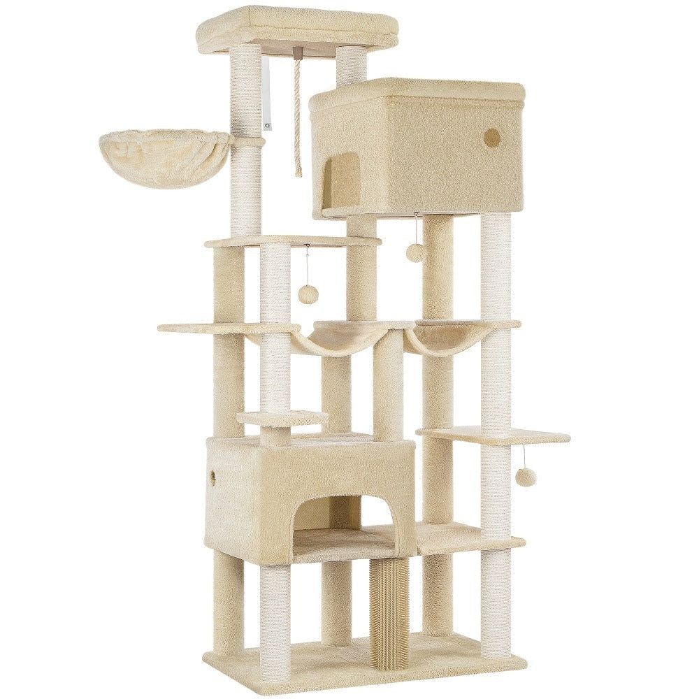Árbol para Gatos, 200cm XXL con 10 Postes Rascadores, 2 Cuevas, 2 Hamacas, Plataforma Grande, Peines y Canasta Incluidos. Árbol Resistente Ideal para Maine Coon o Grandes Felinos en Colores Gris Claro/Gris Oscuro/Beige