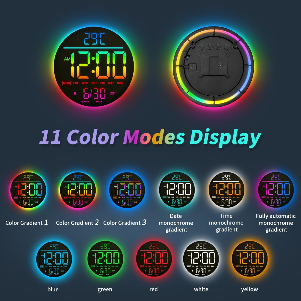 Reloj de pared digital grande de 25.4cm | Con pantalla LED grande, temporizador de cuenta regresiva de alarma, color RGB, DST automático, batería de respaldo preestablecida, control remoto, brillo de 5 niveles, campana musical, marco de plástico espejado