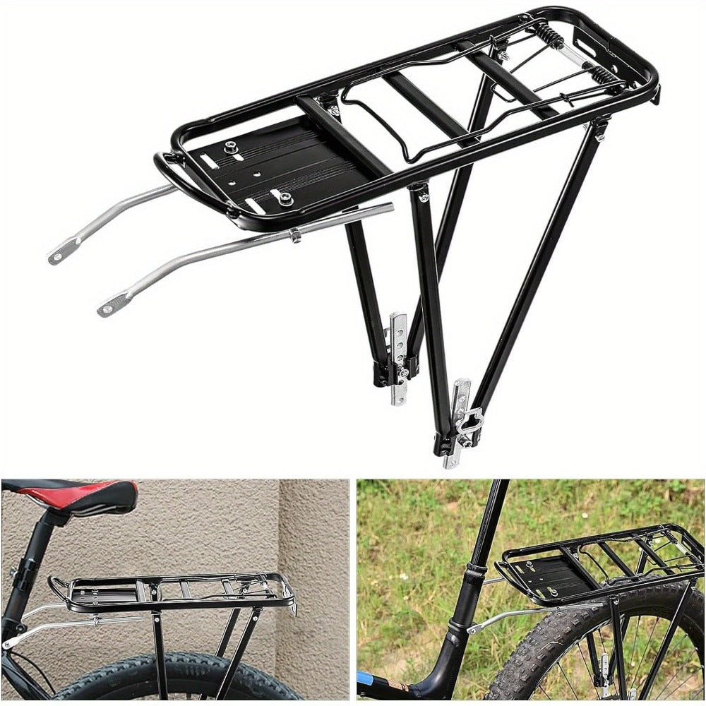Portaequipajes trasero, soporte para bicicleta, portaequipajes trasero ajustable para bicicletas de montaña, apto para bicicletas de 26/28 pulgadas, con cubierta plegable con resorte, correa de sujeción y soporte para reflector