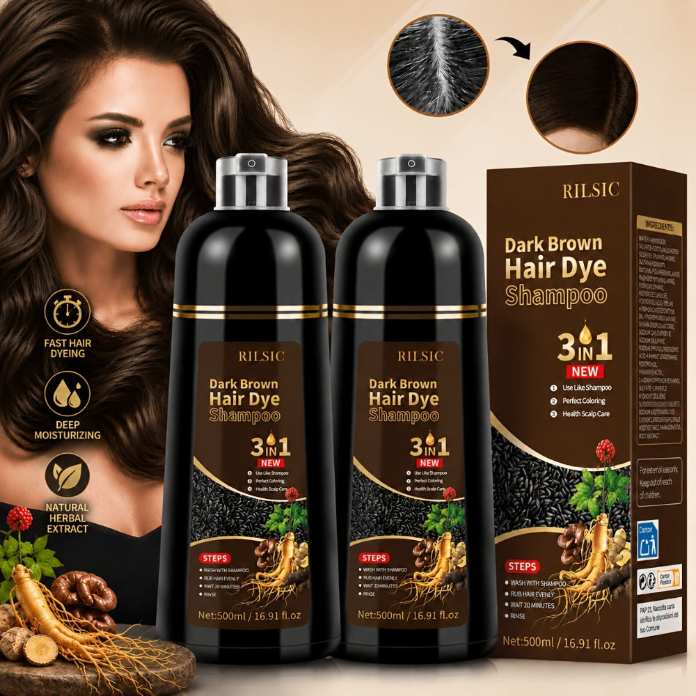 Champú tinte para el cabello 3 en 1 color castaño oscuro, 2 piezas, fórmula herbal natural que cubre el 100 % de las canas para mujeres y hombres, champú de color castaño oscuro de larga duración para teñir en minutos, champú instantáneo para canas de 16.