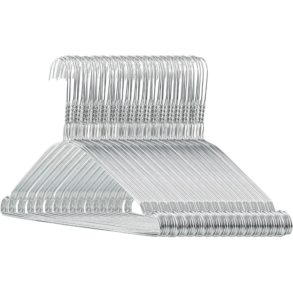 HOME PRO - Juego de 100 perchas de metal cromado ahorradoras de espacio - 40Cm con correas ranuradas y barra para pantalones - Ganchos anti-deslizantes para ropa y armario