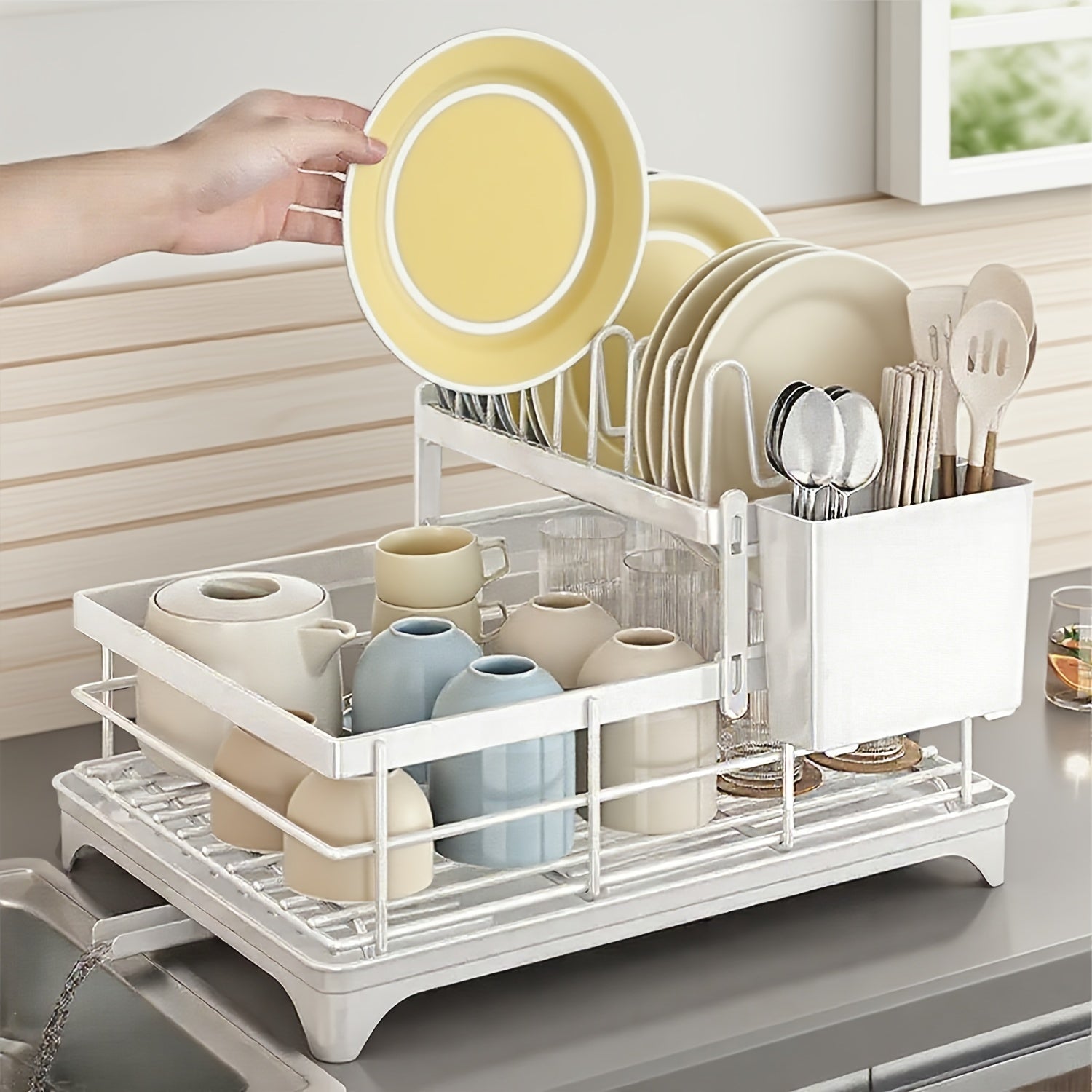 Escurridor de cubiertos de dos niveles con rejilla de drenaje, con salida de agua giratoria de 360°, equipado con una tabla de drenaje y un escurridor de cubiertos, un escurridor de cubiertos para encimera de cocina, un escurridor multifuncional que ahorr