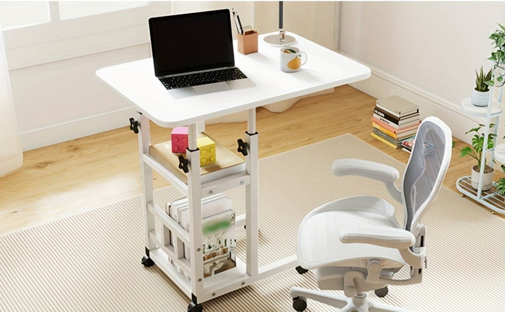 Escritorio Portátil de Madera Moderno con Altura Ajustable y Almacenamiento Multinivel - Estación de Trabajo para Hogar Ahorradora de Espacio con Ruedas, Soporte para Laptop y Función de Mesita de Noche Ideal para Trabajadores Remotos