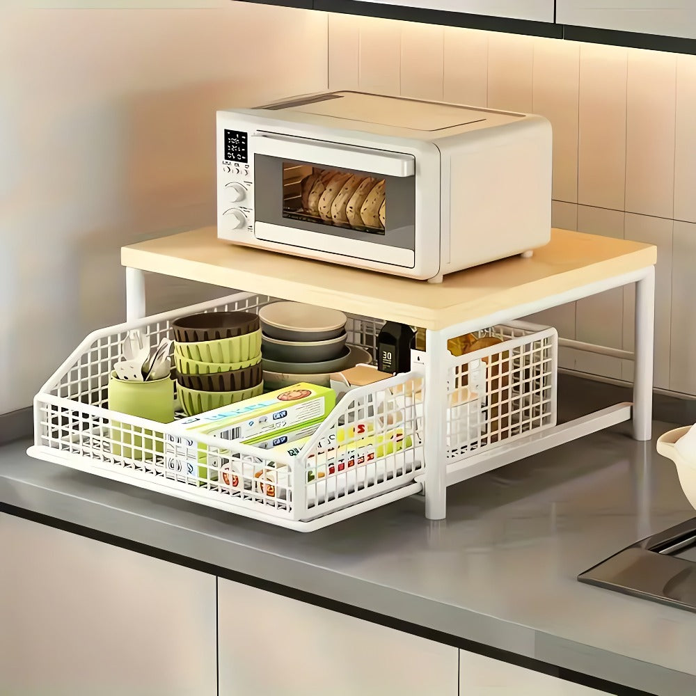 Estante de almacenamiento para cápsulas de café con cajones - Apto para cafeteras, estante deslizante para olla arrocera eléctrica, estante deslizante para microondas, almacenamiento metálico tipo cajón para microondas, almacenamiento y organización de co