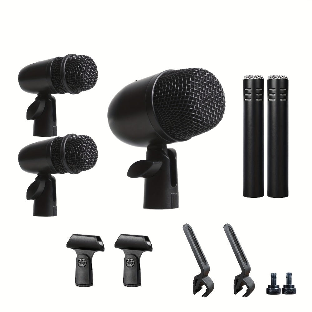 Juego de 7 micrófonos dinámicos de metal para batería - Adecuados para grabación profesional de batería con micrófonos para bombo, tom/snare y platillos, equipados con pinzas para micrófono