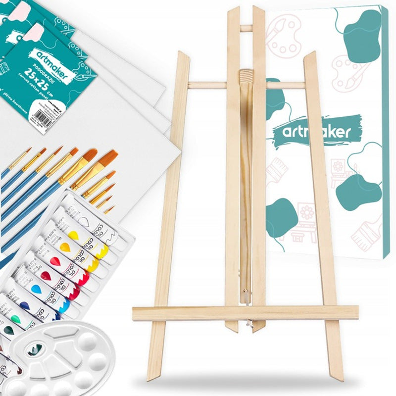 Set de Pintura Artística Artmaker Caballete de Madera 50 CM Pinturas Acrílicas 12X12 ML 3 Lienzos 25X25 CM 10 Pinceles Paleta Set Completo para Pintar para Niños y Adultos Ideal Como Regalo en una Caja Decorativa Listo para Regalar en Cumpleaños o Festivo