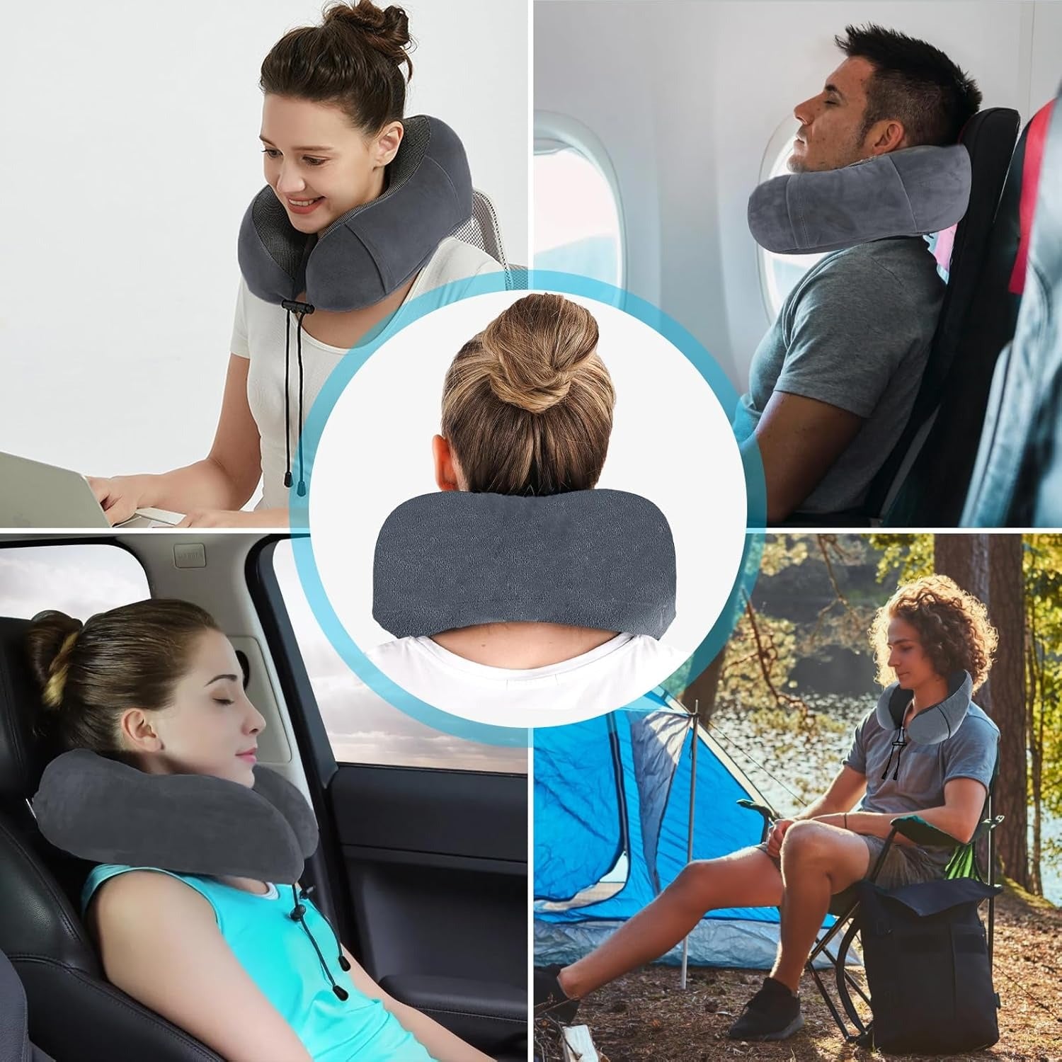 Una Almohada Cervical Ergonómica en Forma de U con Bolsa de Almacenamiento, Espuma de Memoria con Tecnología de Rebote Lento, Funda Lavable a Máquina, Ligera y Portátil para Avión, Oficina y Hogar, Apoya Cuello y Cabeza, Ideal para Siestas, Lectura y Ver