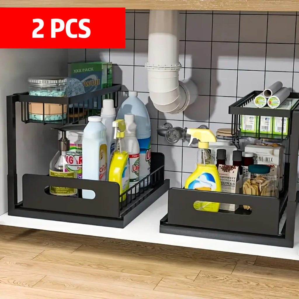 2 estantes metálicos para fregadero, estantes de almacenamiento de gabinete de 2 pisos con cajones deslizantes, gabinetes de almacenamiento extraíbles para fregadero, cocina, baño, despensa, estantes multiusos para fregadero, organizadores debajo del freg