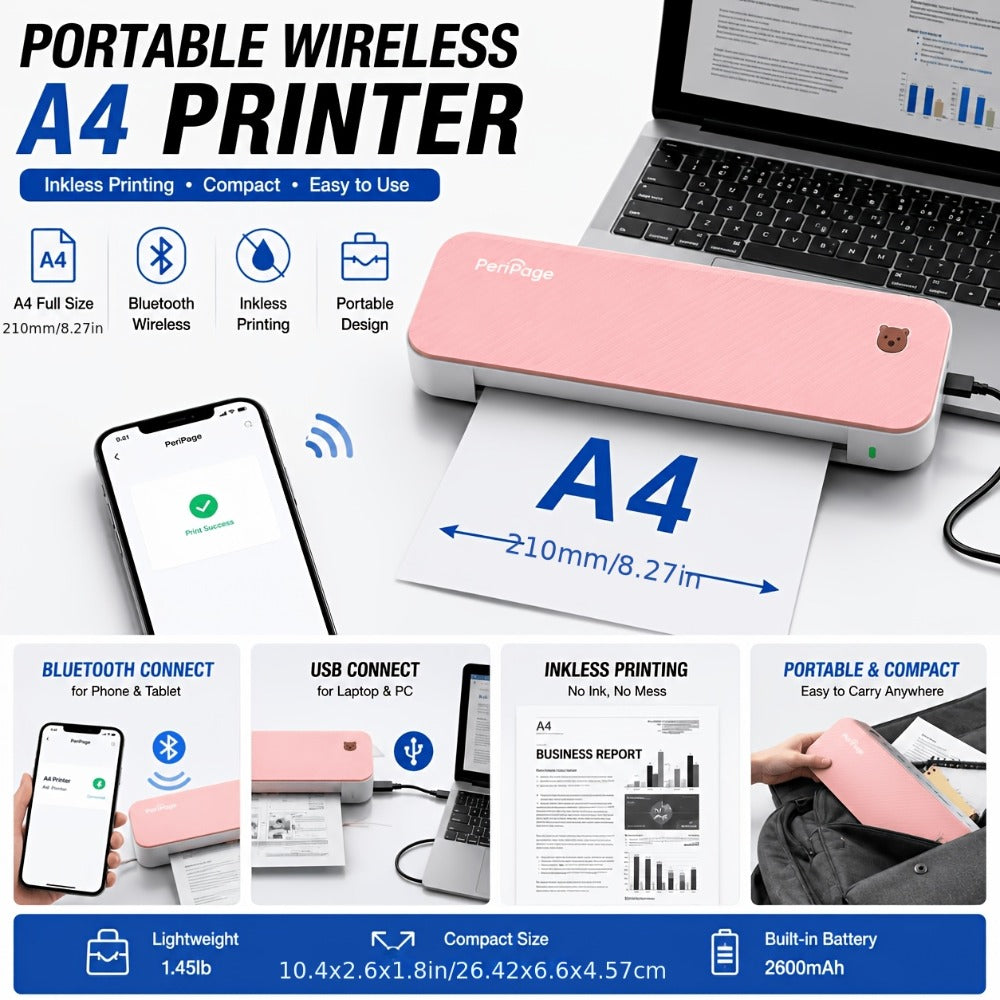 Impresora Térmica Portátil PeriPage para Viajes, Inalámbrica, Compatible con Papel Térmico de 8.5x11 (Carta US y A4), Papel para Tatuajes, Compatible con Teléfonos Android, IOS y Laptops