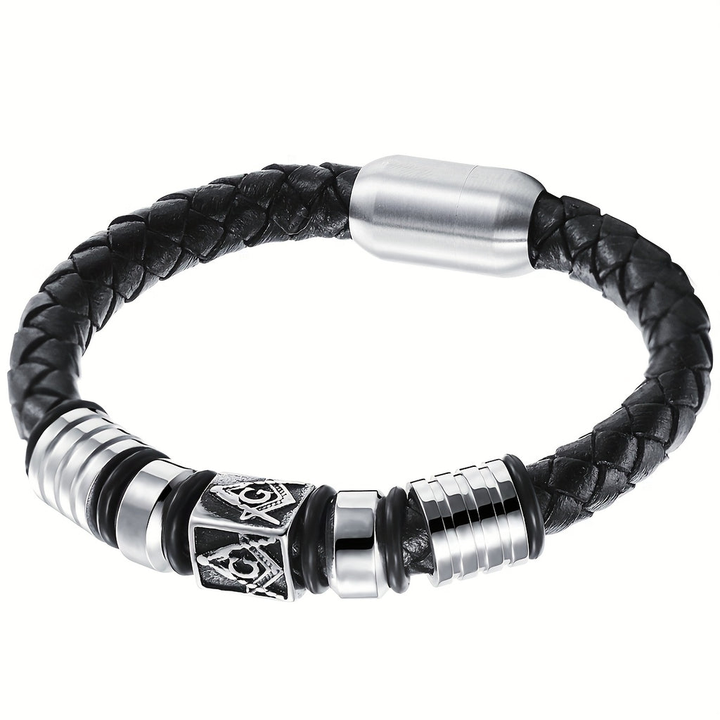 Pulsera tejida de cuero sintético con cuerda, masonería y hebilla magnética con cuentas, estilo europeo y americano, para hombre